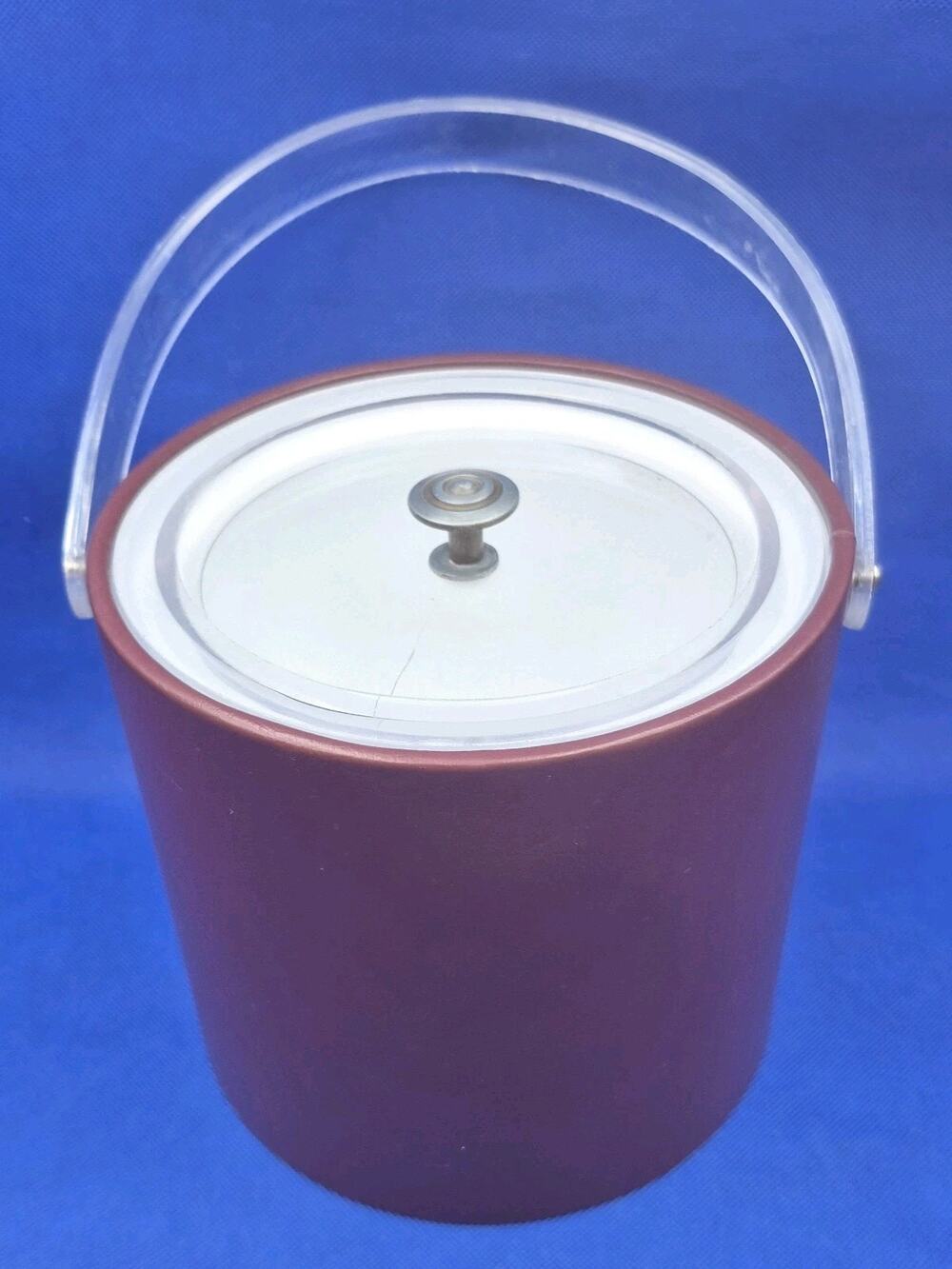 Vintage Georges Briard Brown Leatherette Ice Bucket Lucite Handle & Lid 7x8"